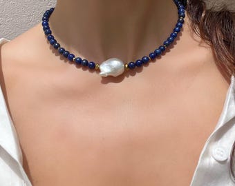 Lapis Lazuli & Baroque Pearl Necklace, Handmade Beaded Blue Jewelry