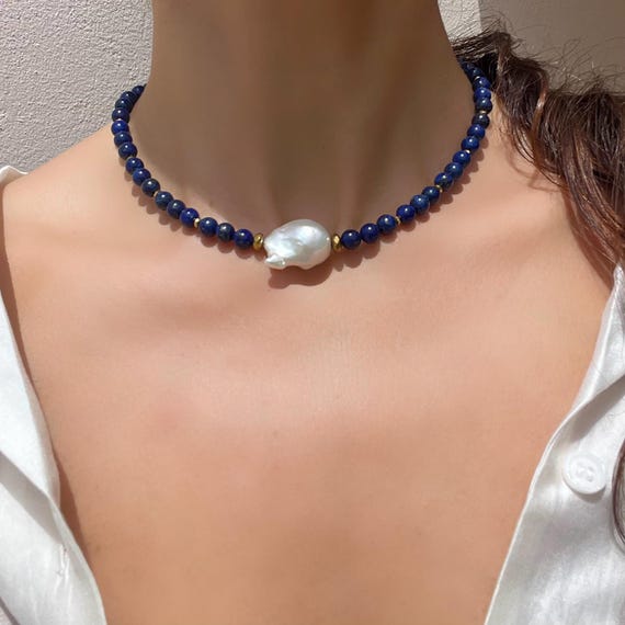 Natural White Cultured Pearl & Lapis Lazuli Necklace – 18-inch Choker