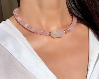 Halsband med pärlor i rosenkvarts, Rondelle-rosenkvarts, rosa halsband, helande harmoni-kärlekssten, handgjord present till henne