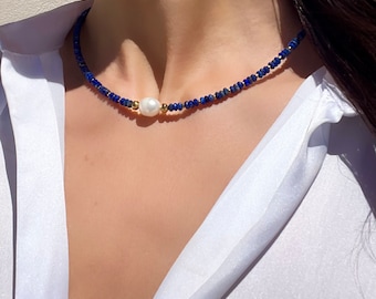 Dainty Lapis Lazuli Beaded Necklace with Freshwater Pearl, Handmade Gemstone Jewelry