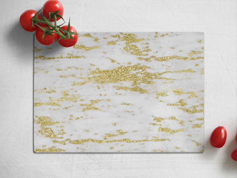 Glass Cutting Board 8x11 Inch White and Gold Stone Marblelook Etsy