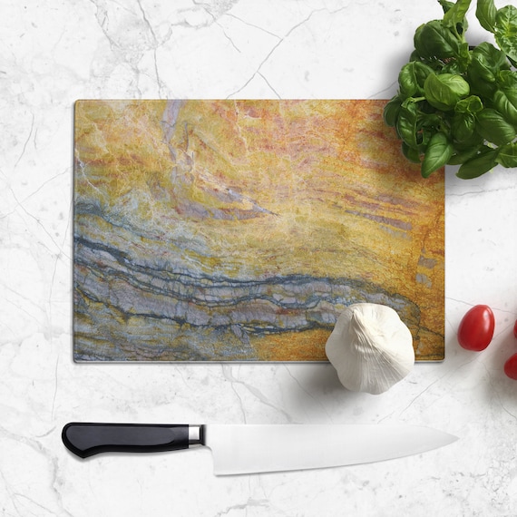 Glass Cutting Board Amber and Black Stone Marble-look Design 