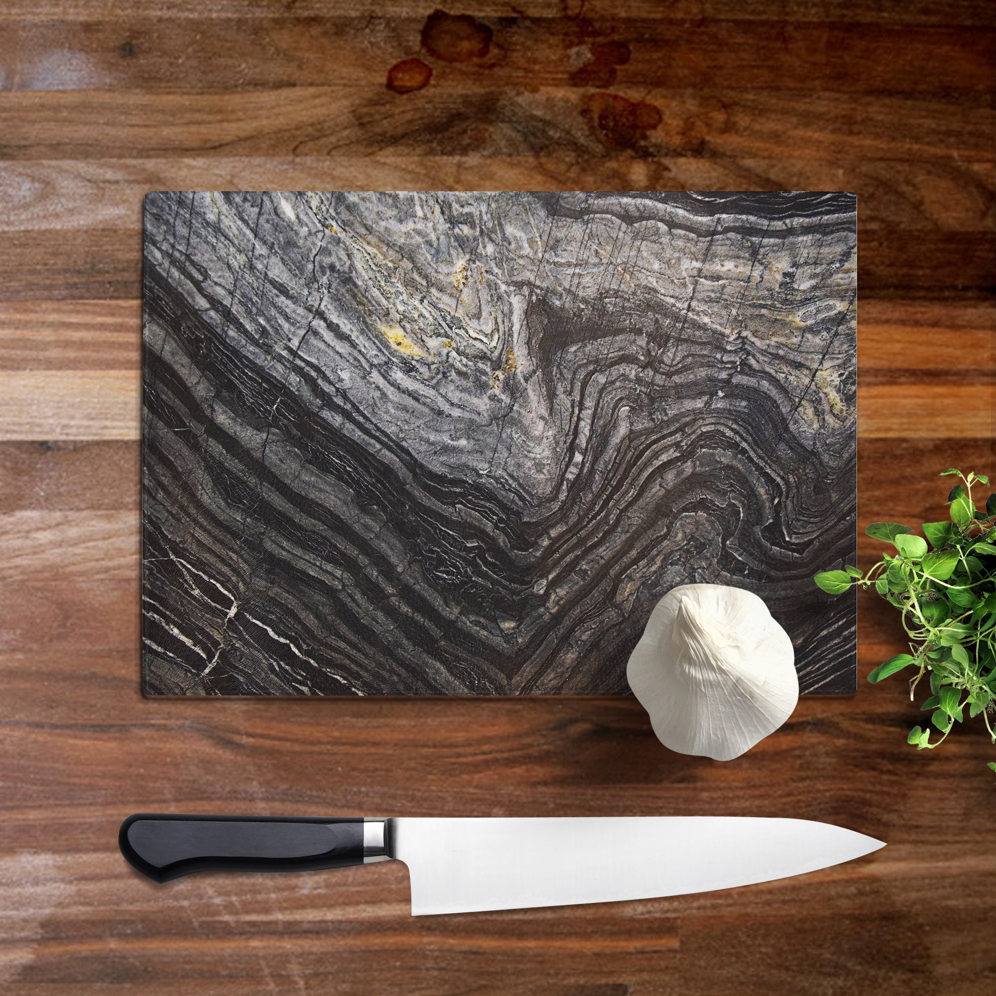 Glass Cutting Board Black and Grey Stone Marble-look Design 