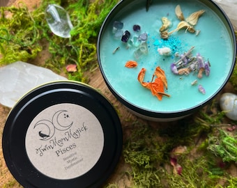 Pisces - Citrus, Violet & Oak - Zodiac Intention Crystal Soy Candle -Ritual Spell Altar - Birthday Gift - Spiritual Gift -