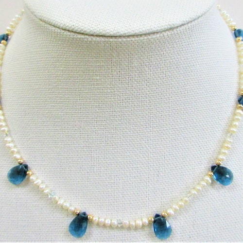 London Blue Topaz Necklace, pearl necklace,Crystal shops Necklace,Blue Topaz choker,Topaz Pearl Necklace,Faceted Blue Topaz,Blue Topaz Gems,Topaz