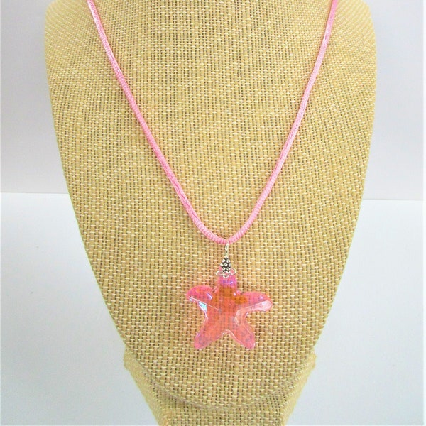 Pink Swarovski Starfish Crystal Pendant hardwired silver bail,18" matched pink satin snake cord,pink blush bevel crystal,Aurora coat 30X28mm