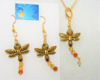 Gold Bronze Dragonfly Earrings and Pendant Set, Rainbow Glass Beads