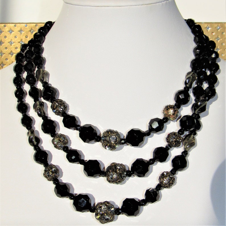 Black Crystal Necklace,Vintage 3 Strand Necklace,Faceted Jet bead,Black Choker Necklace,Vintage Crystal Jewelry,Glass Beads,Midcentury Black