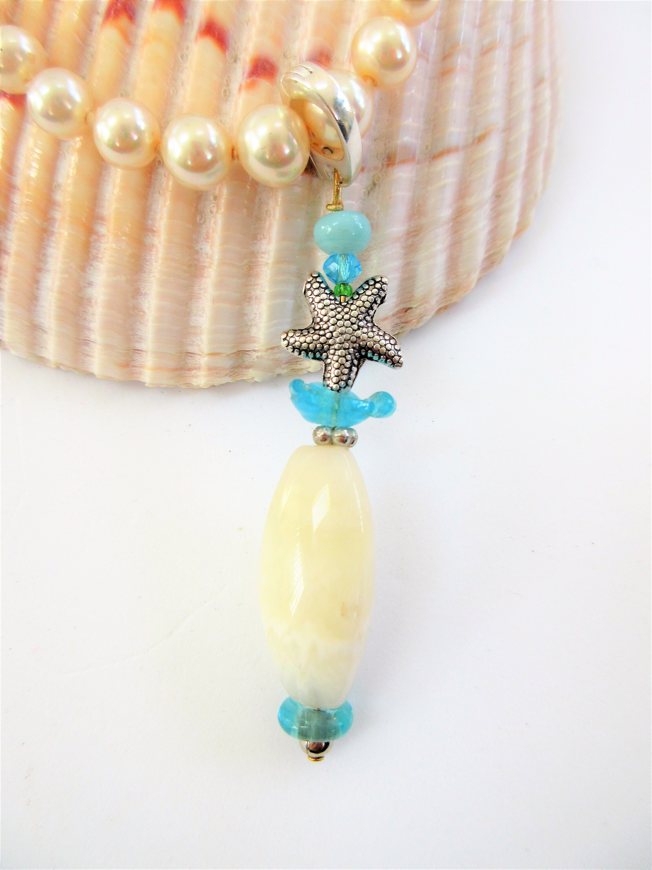 Sea-glass Pendant wchain,Stack of sea-glass,pearl,925 silver starfish,gold wire,crystal bead,silver bail-Blue bead,w18 goldtone chain