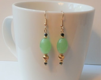Green Chalcedony Olive Earrings: 14k Gold Dangle Beaded Earrings