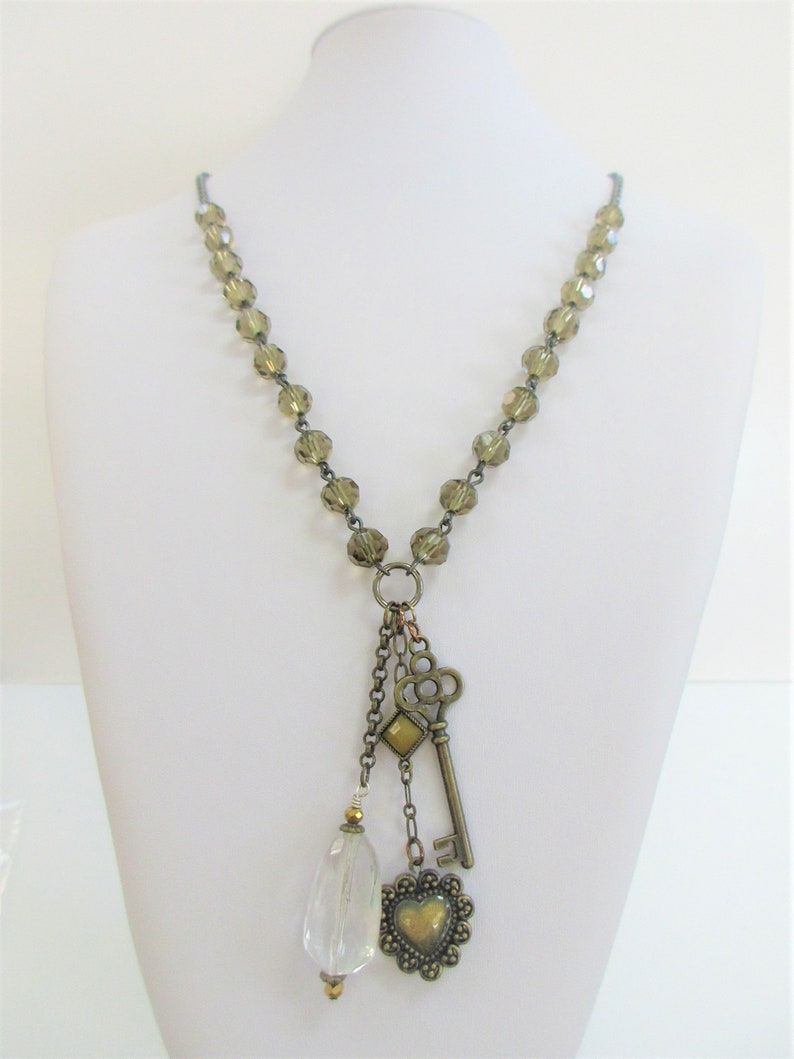 Chandelier Key Heart Olive Crystal Necklaces,Vintage,Handmade,Found object Key Heart Crystal Charms,Repurposed Crystal Glass,Layer Pendants
