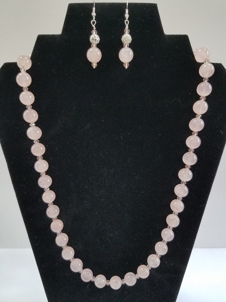 Pink Champagne 24w Pink crystal necklace,SS hook closure Rose Quartz Necklace complete with matching earrings,silver cage ball bead