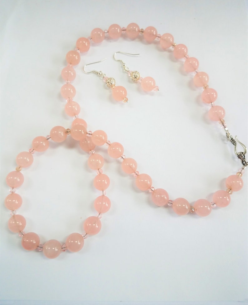 Pink Champagne 24w Pink crystal necklace,SS hook closure Rose Quartz Necklace complete with matching earrings,silver cage ball bead