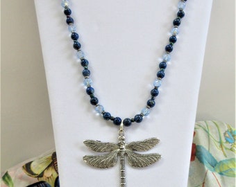 Dragonfly Pendant Necklace Earring Set, Blue Sodalite Beads