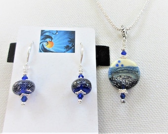 Ocean Lampwork Glass Jewelry Set: Sterling Silver Necklace and Earrings