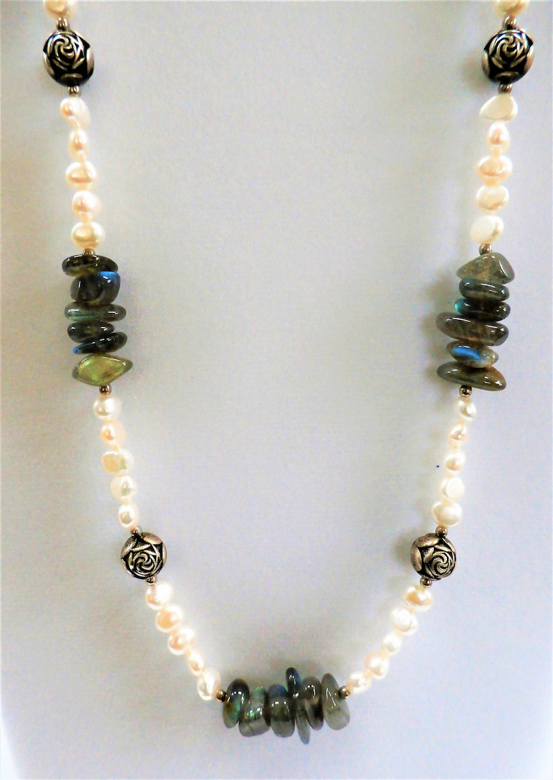 Honora Pearl Necklace,cultured Pearl,Labradorite necklace,Sterling rose shops bead,Excellent quality pearls,Smooth silky pearls,Highly polished