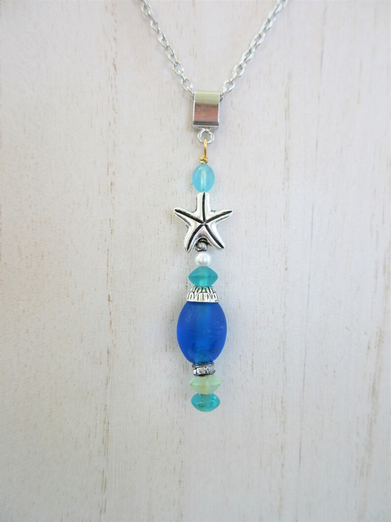 Sea-glass Pendant wchain,Stack of sea-glass,pearl,925 silver starfish,gold wire,crystal bead,silver bail-Blue bead,w18 goldtone chain