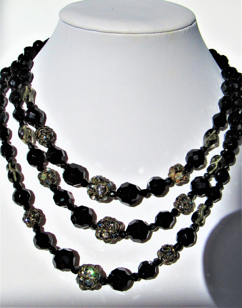 Black Crystal Necklace,Vintage 3 Strand Necklace,Faceted Jet bead,Black Choker Necklace,Vintage Crystal Jewelry,Glass Beads,Midcentury Black