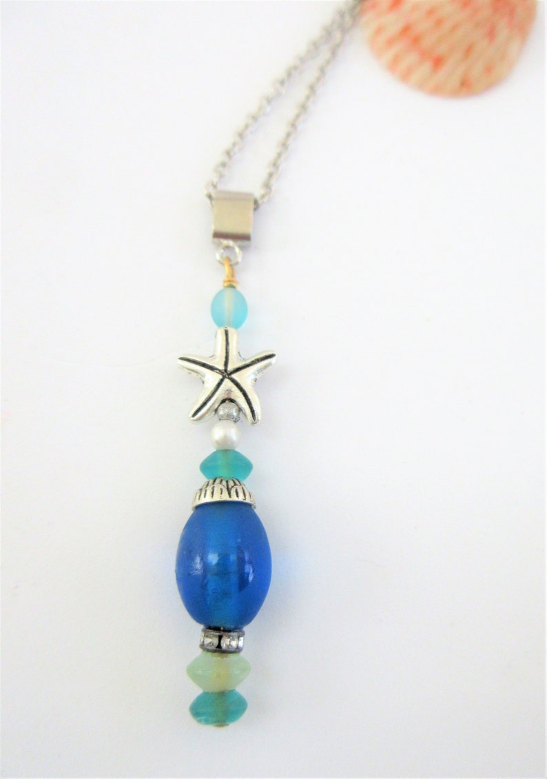 Sea-glass Pendant wchain,Stack of sea-glass,pearl,925 silver starfish,gold wire,crystal bead,silver bail-Blue bead,w18 goldtone chain