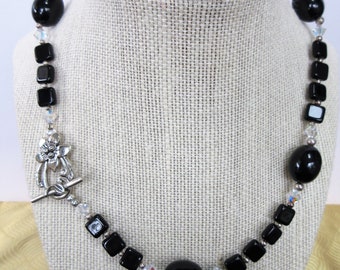 Vintage Black Glass Bead Necklace, Aurora Crystal, Sterling Silver Toggle, 19"