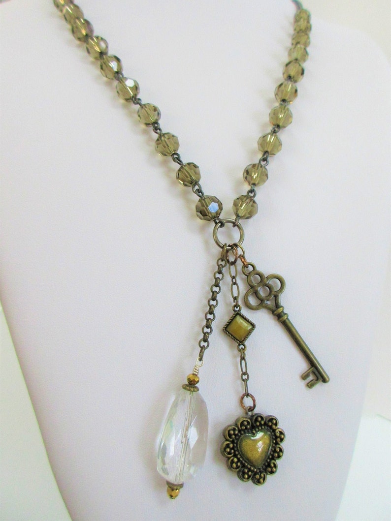 Chandelier Key Heart Olive Crystal Necklaces,Vintage,Handmade,Found object Key Heart Crystal Charms,Repurposed Crystal Glass,Layer Pendants