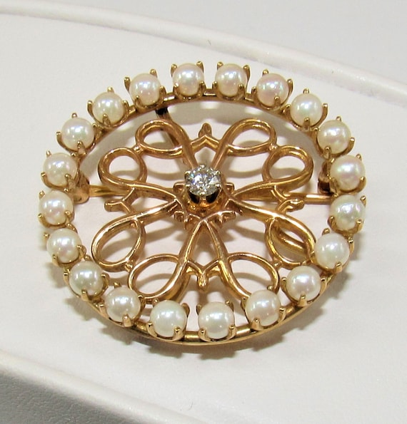 Gold Pearl Diamond Pin, Avon Pin,14K Gold Pin,Circ