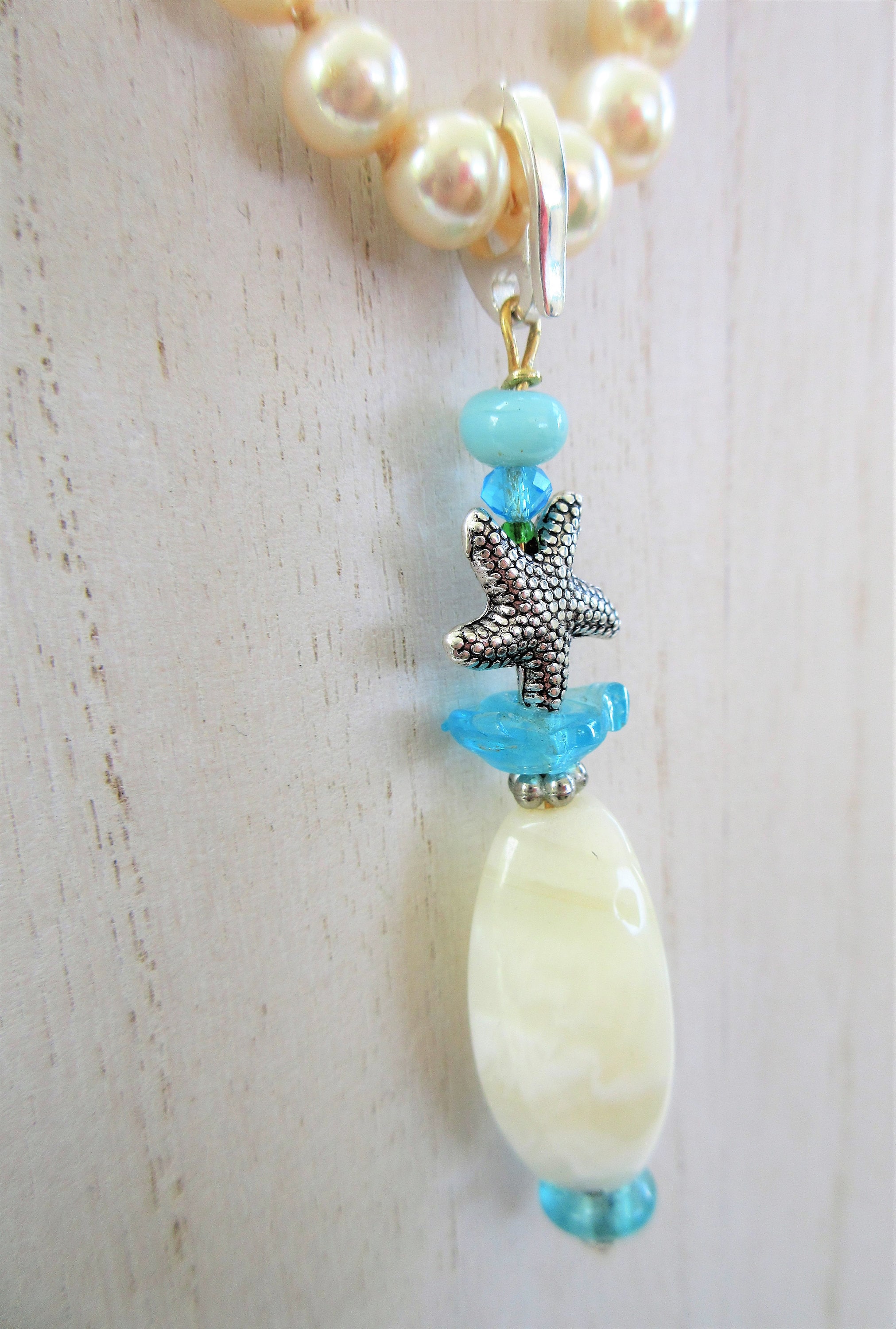 Sea-glass Pendant wchain,Stack of sea-glass,pearl,925 silver starfish,gold wire,crystal bead,silver bail-Blue bead,w18 goldtone chain