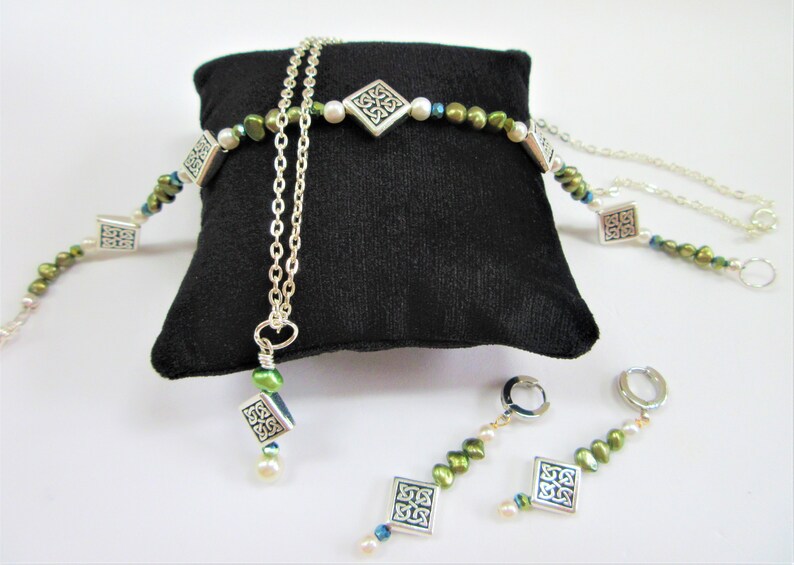 Celtic silver /& green pearl earrings,bracelet,pendant,Celtic square knot bead,crystals,genuine green potato pearls,white pearls,silver chain
