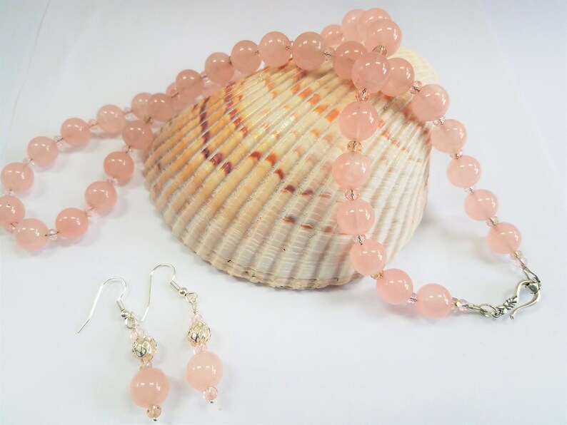 Pink Champagne 24w Pink crystal necklace,SS hook closure Rose Quartz Necklace complete with matching earrings,silver cage ball bead