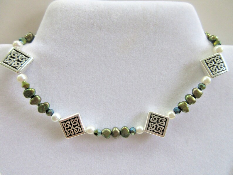 Celtic silver /& green pearl earrings,bracelet,pendant,Celtic square knot bead,crystals,genuine green potato pearls,white pearls,silver chain