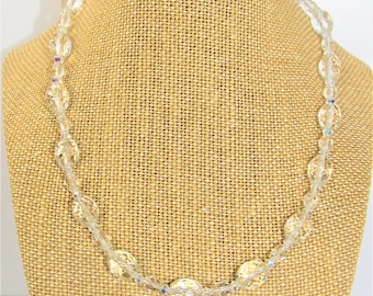 Vintage Faceted Crystal Bead Necklace, Aurora Borealis Accents