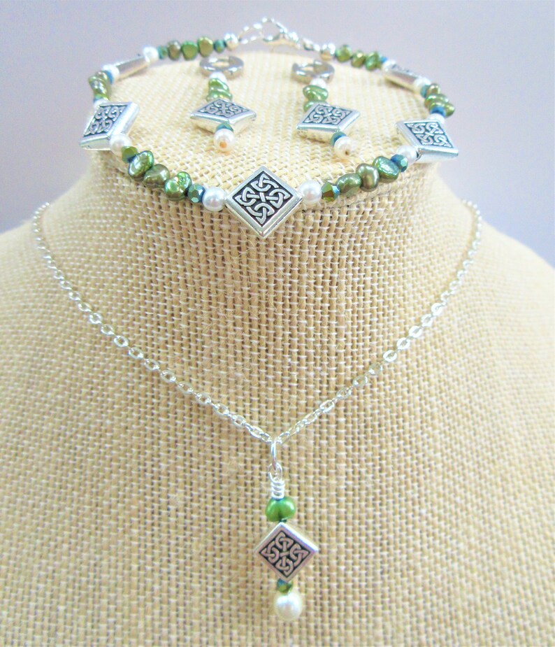 Celtic silver /& green pearl earrings,bracelet,pendant,Celtic square knot bead,crystals,genuine green potato pearls,white pearls,silver chain