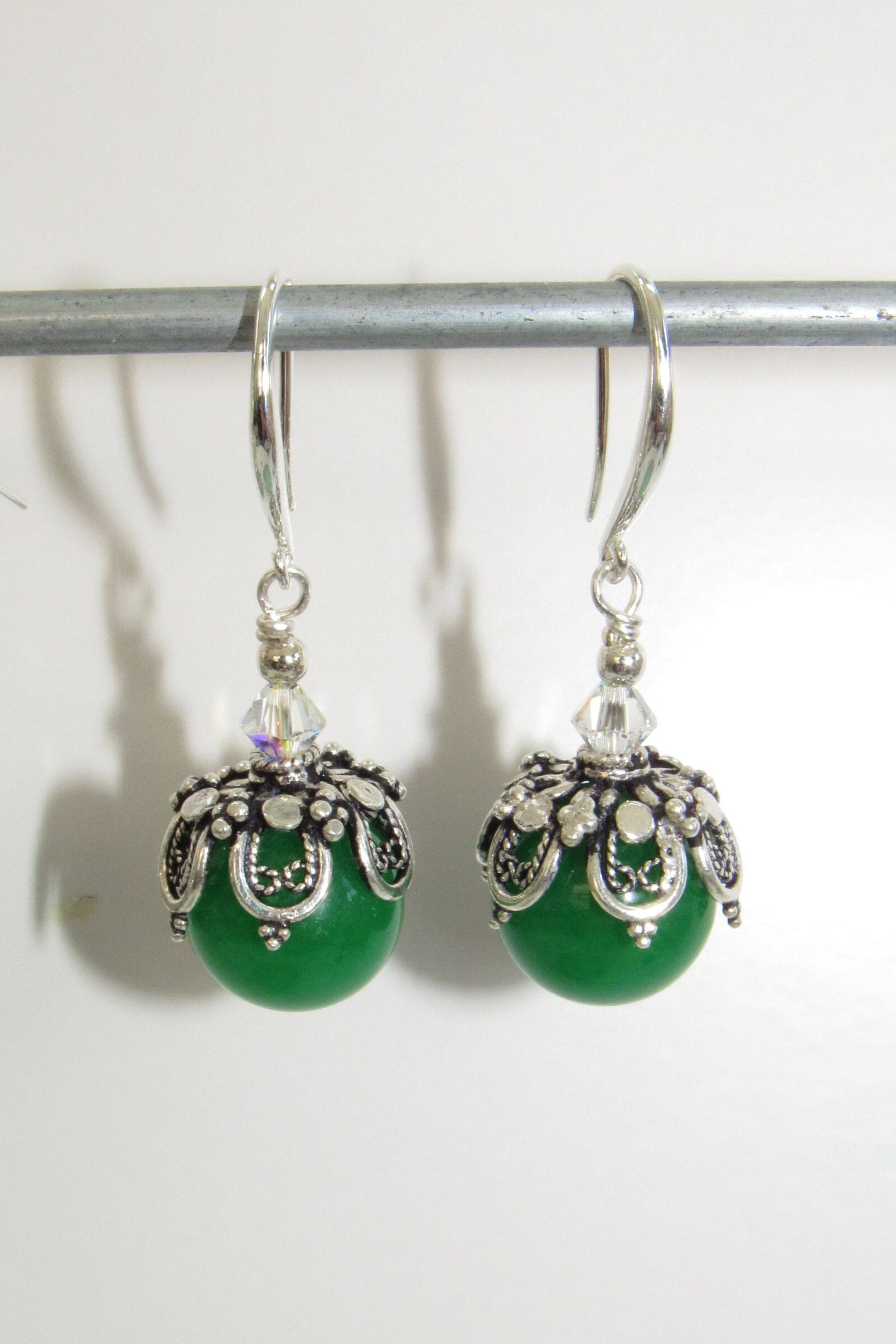 Green Jade Ball Earrings,jade Silver Cap Earrings,filigree Jade
