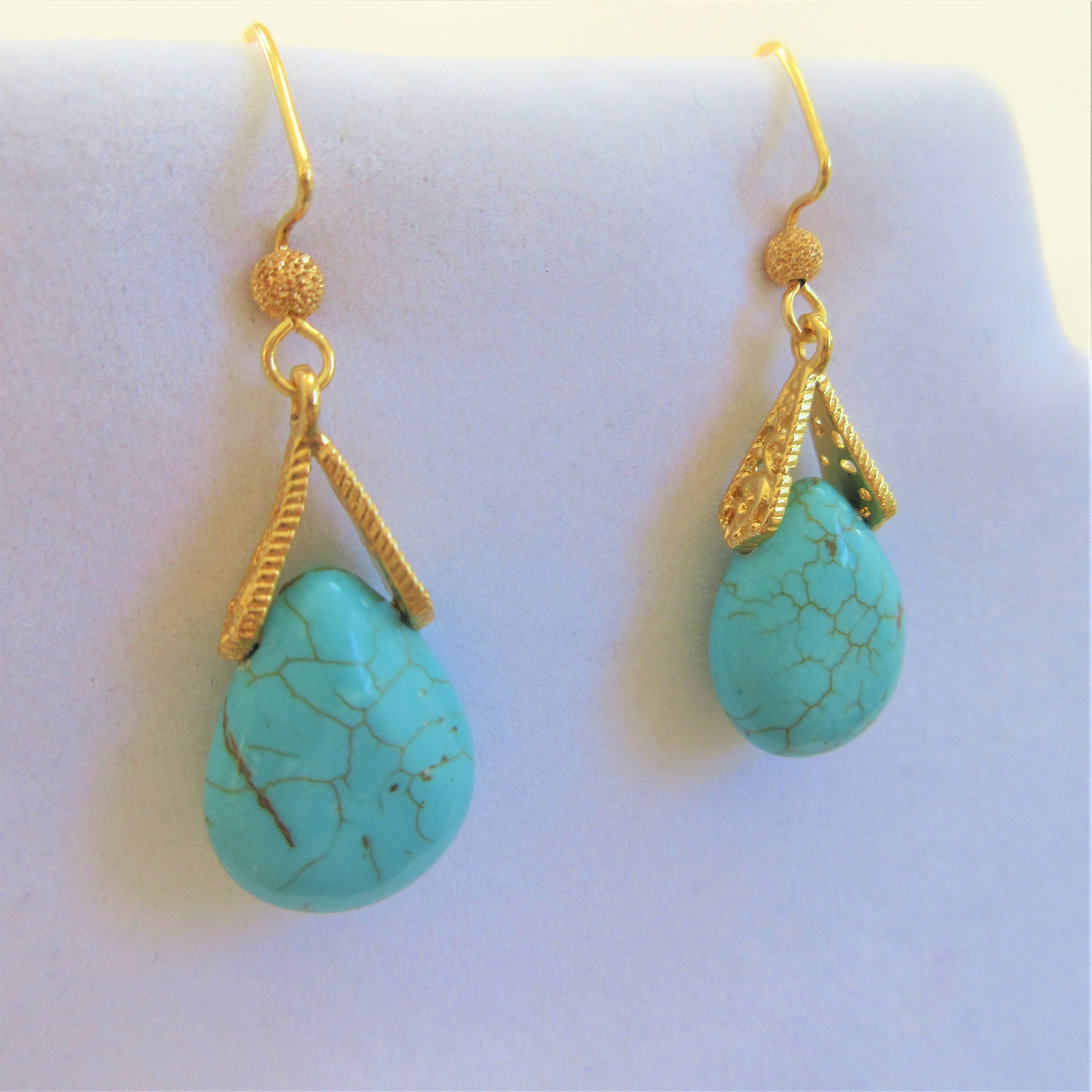 Teardrop Turquoise, Howlite Stone,filigree Gold Earrings,genuine