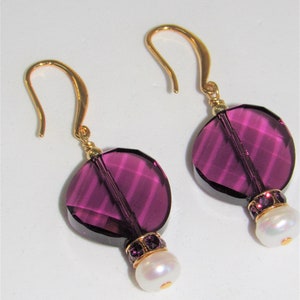 Swarovski Purple Earrings,Faceted twist coin,Purple Grape color,Genuine White Pearl,Swarovski purple Rondelles,Choice Gold Silver,Crystal ER