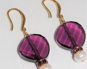Swarovski Purple Crystal Earrings, Pearl Dangle, Gold or Silver