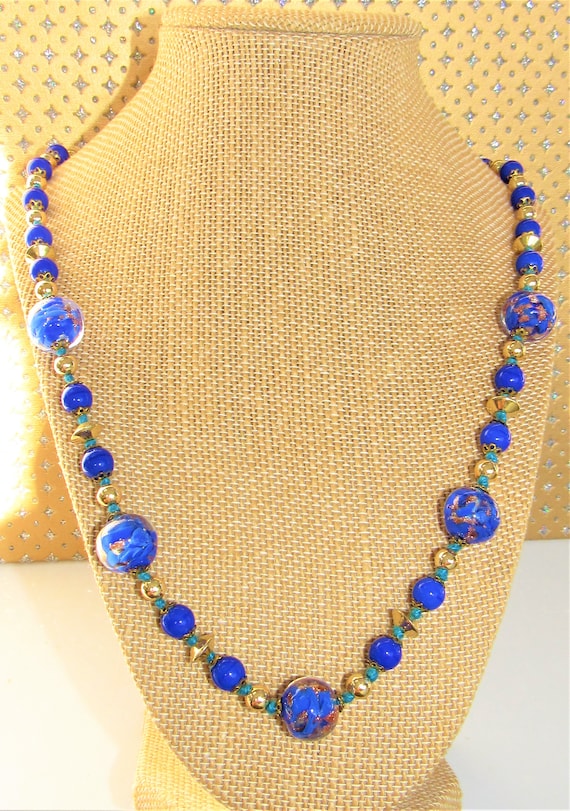 Blue Venetian Glass,Bead Necklace,Blue Glass Ball 