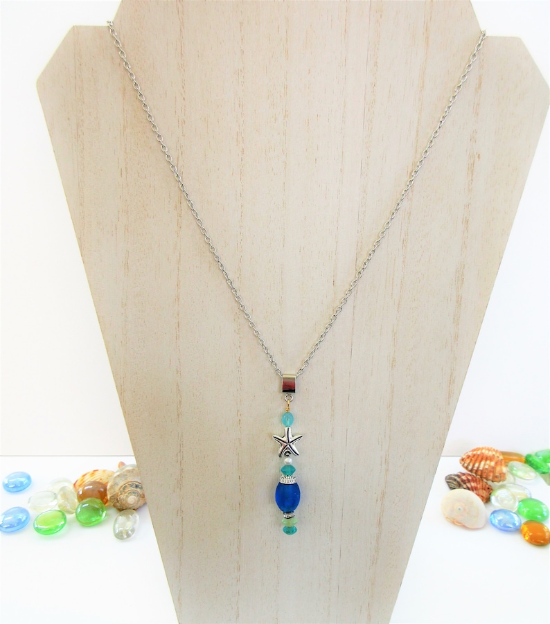 Sea-glass Pendant wchain,Stack of sea-glass,pearl,925 silver starfish,gold wire,crystal bead,silver bail-Blue bead,w18 goldtone chain