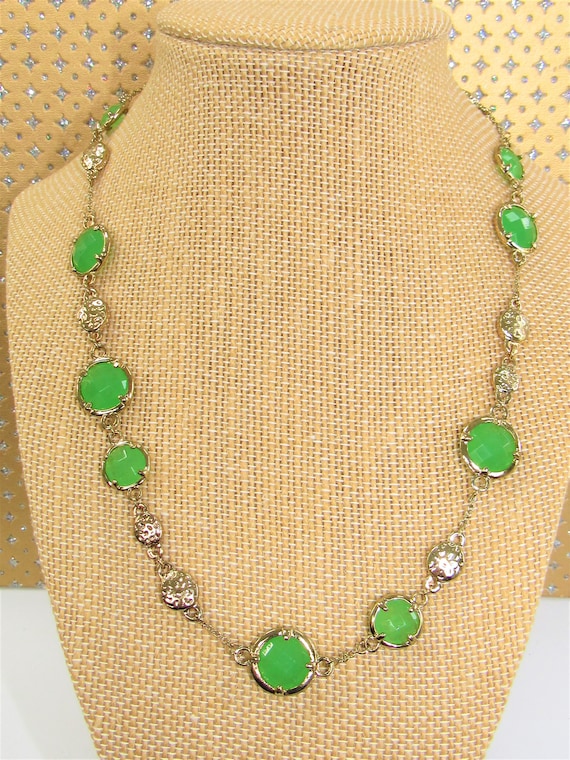 Green glass Necklace,Faceted green glass medallio… - image 1