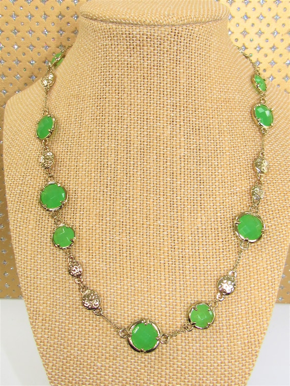 Green glass Necklace,Faceted green glass medallions,G… Gem