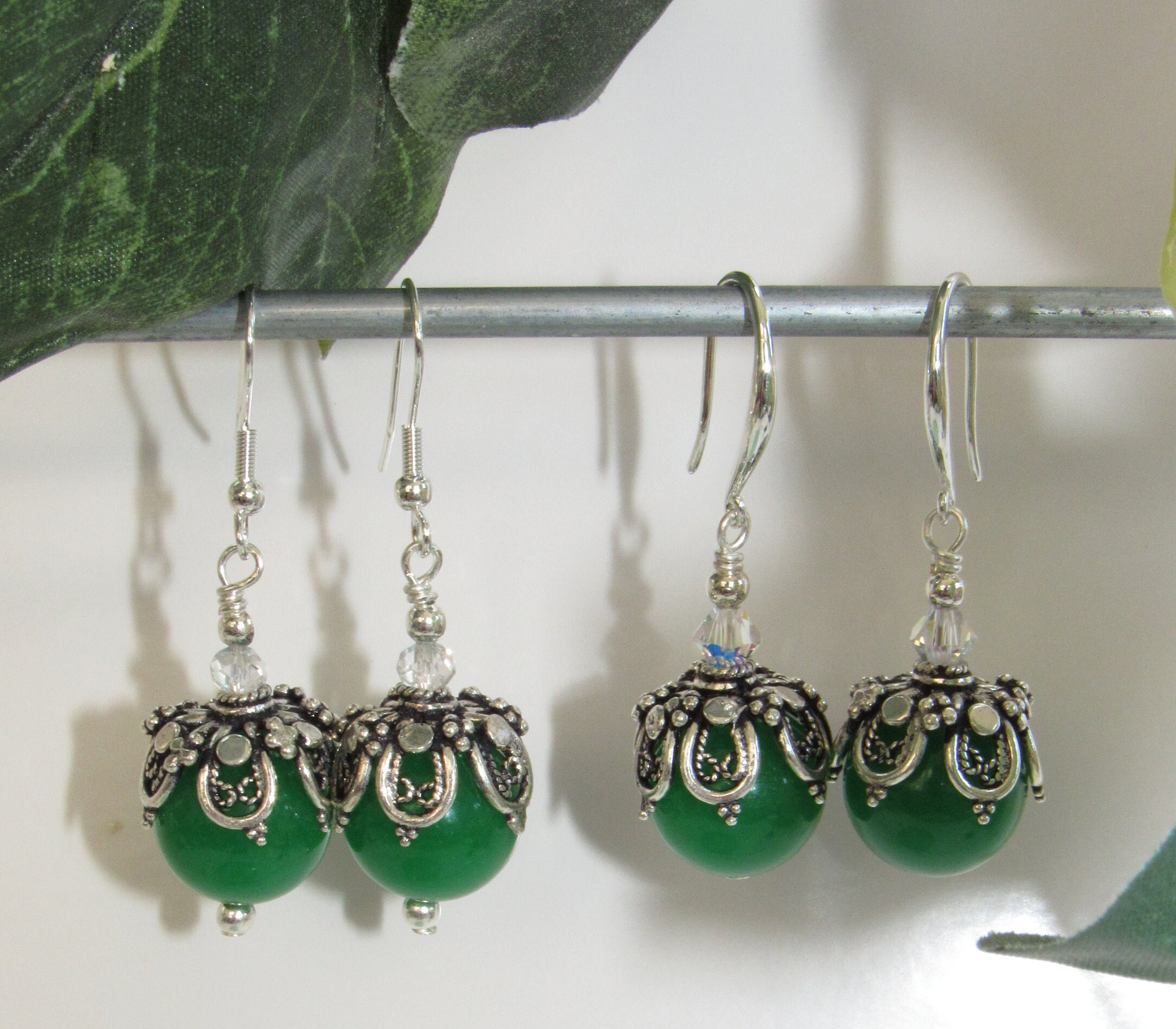 Green Jade Ball Earrings,jade Silver Cap Earrings,filigree Jade
