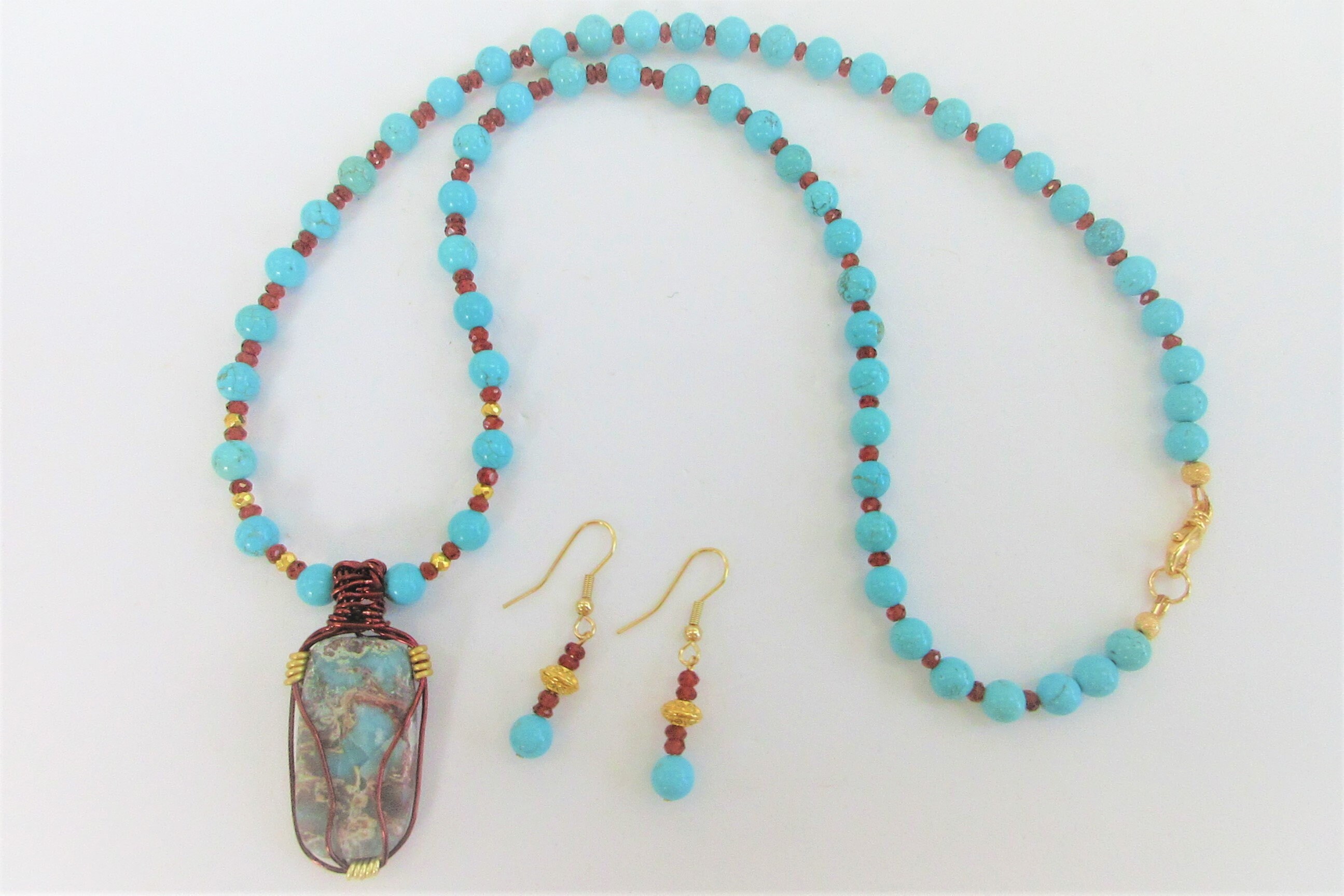Turquoise Garnet Larimar Necklace/Earring Set,Edgy red wire wrap