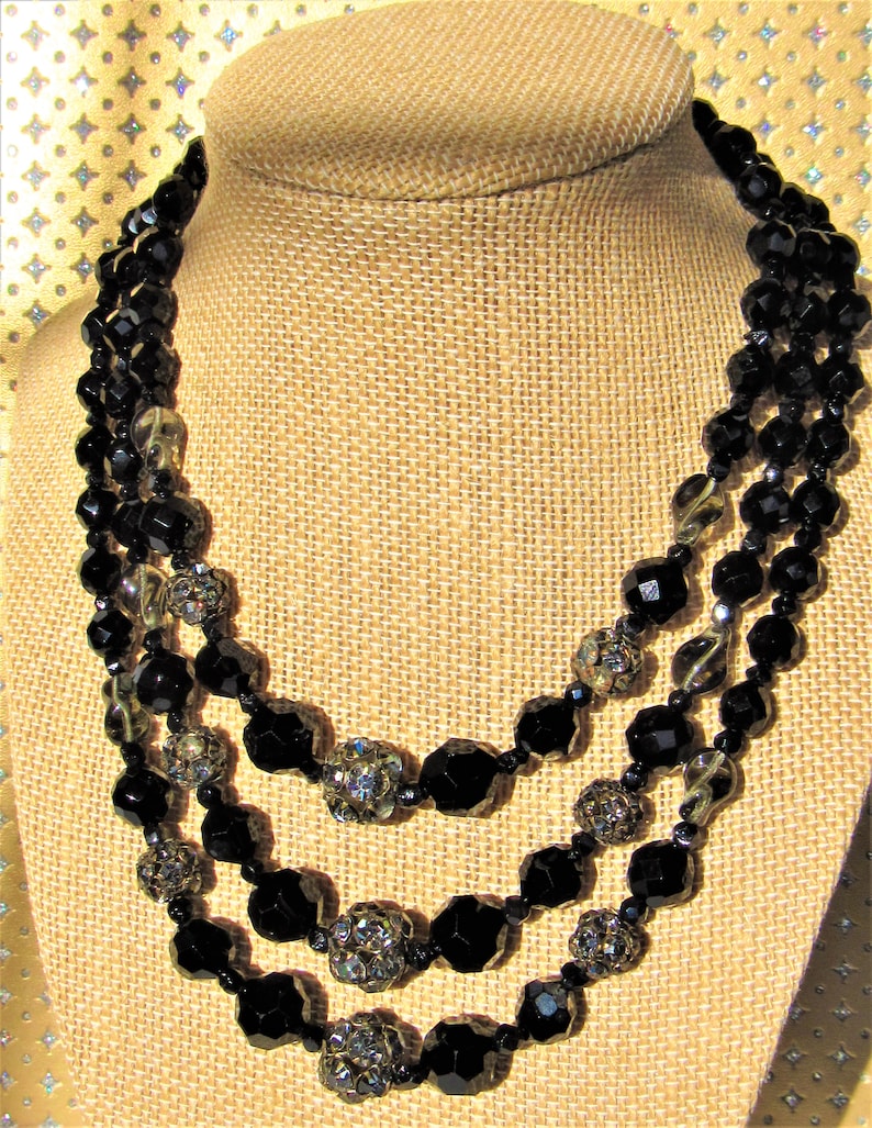 Black Crystal Necklace,Vintage 3 Strand Necklace,Faceted Jet bead,Black Choker Necklace,Vintage Crystal Jewelry,Glass Beads,Midcentury Black