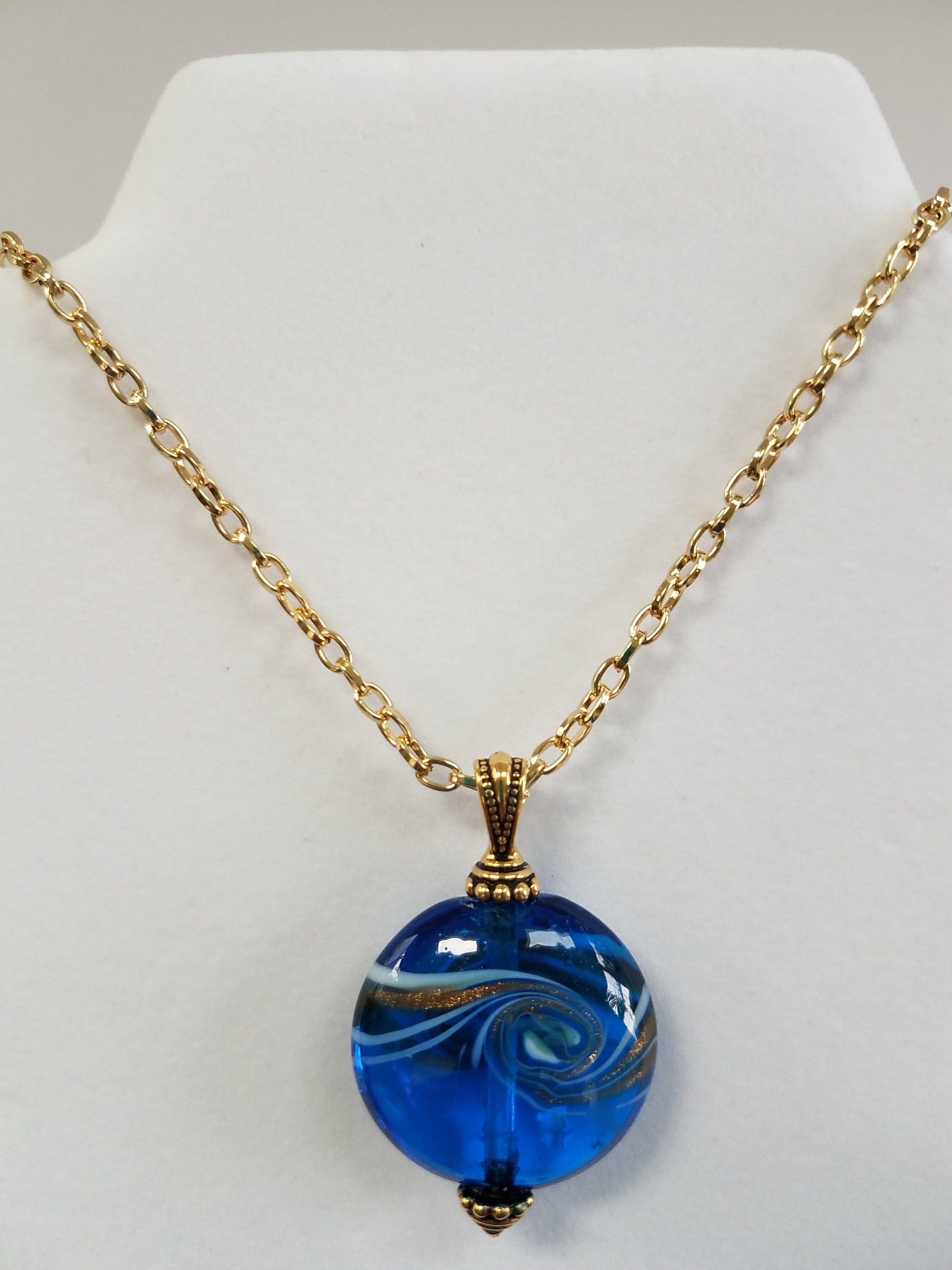 Blue Lampwork Glass Pendant Necklace Ocean Gold White Lamp Blue Lampwork Glass Pendant Necklace Ocean Gold White Lamp Work 1 25 Bead With Bail And 18 Chain Lobster Claw Closure