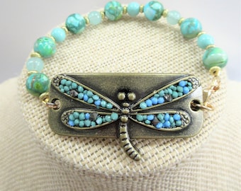 Dragonfly Beaded Bracelet, Brass Wrist Tag, Teal Turquoise Design