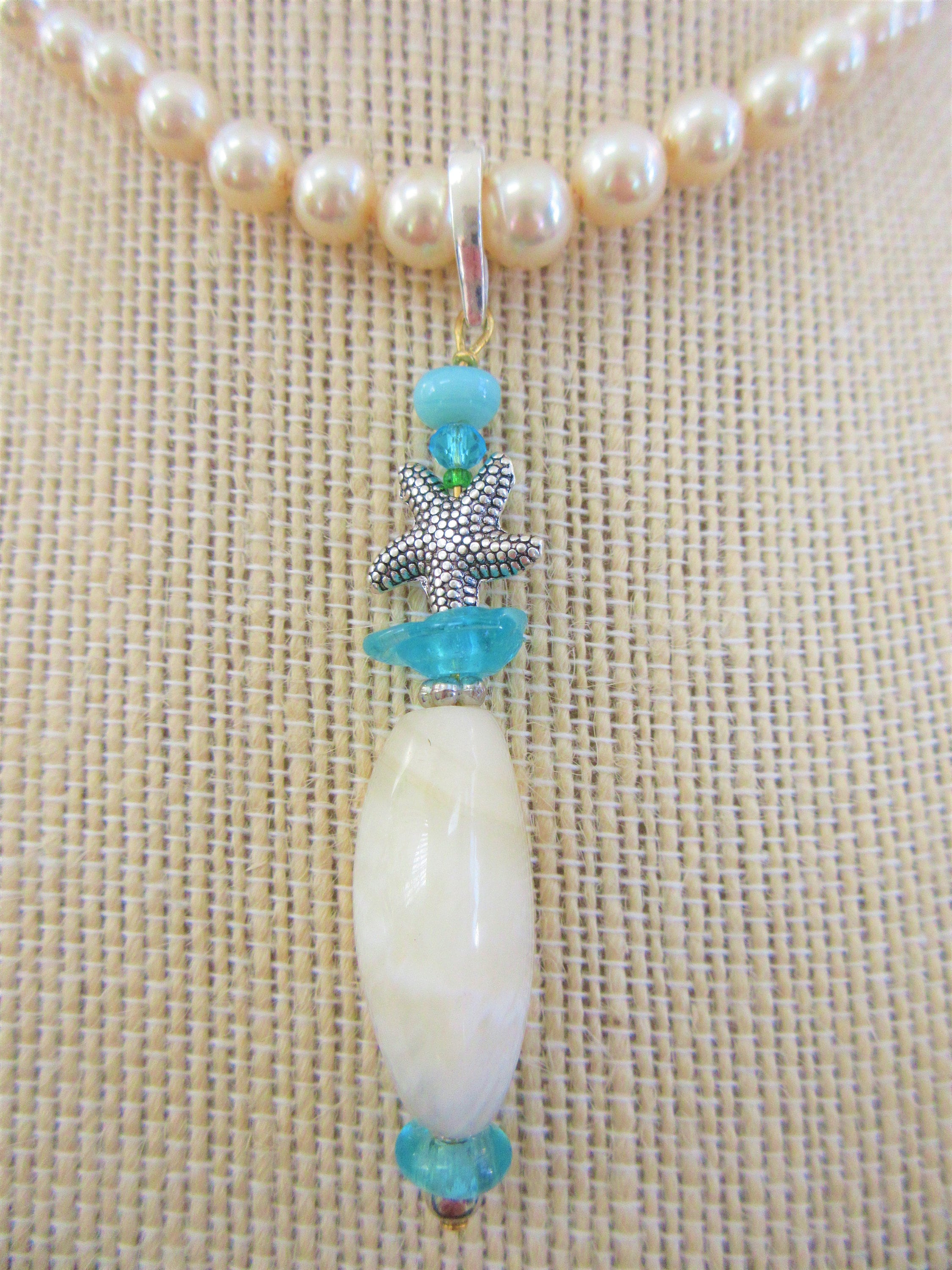 Sea-glass Pendant wchain,Stack of sea-glass,pearl,925 silver starfish,gold wire,crystal bead,silver bail-Blue bead,w18 goldtone chain