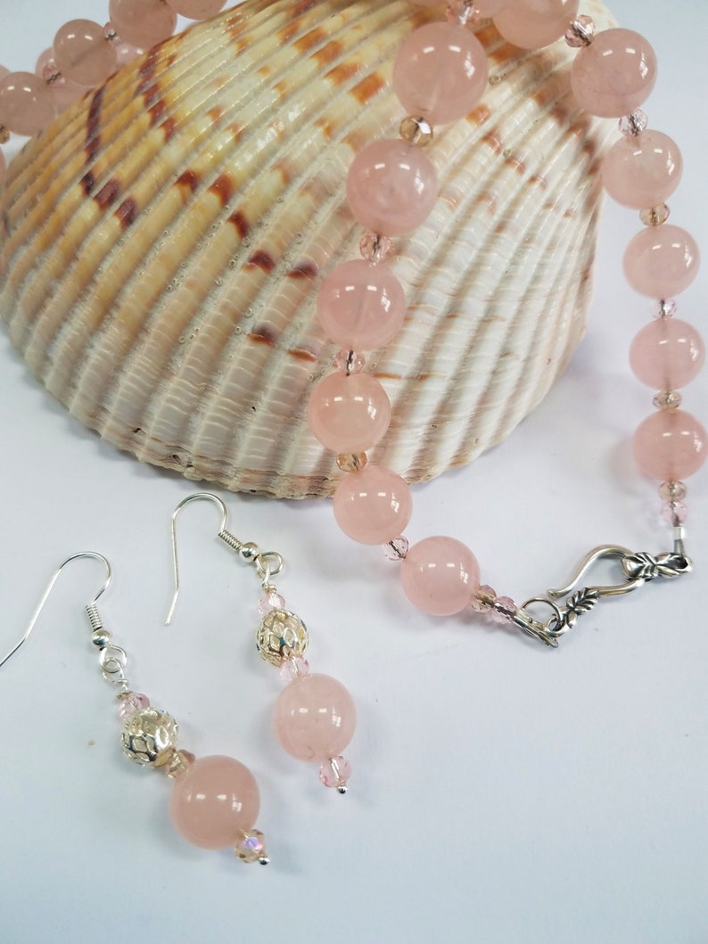 Pink Champagne 24w Pink crystal necklace,SS hook closure Rose Quartz Necklace complete with matching earrings,silver cage ball bead