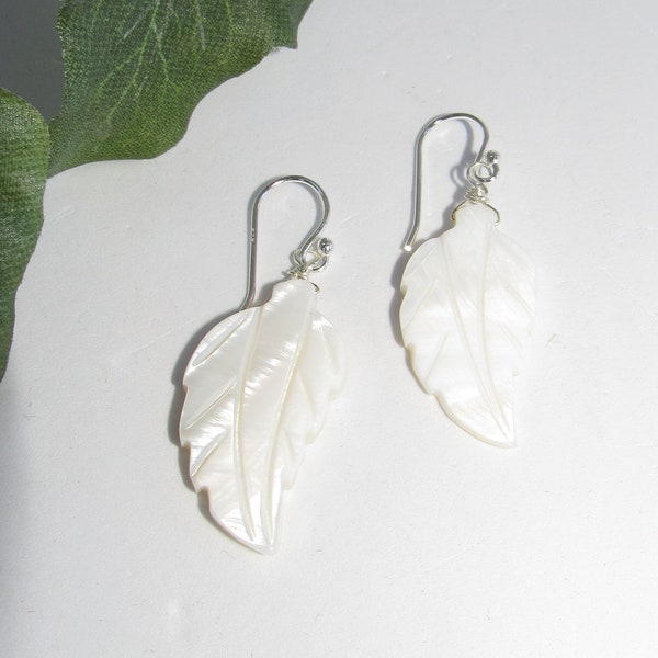 Mother of Pearl,Leaf Earrings,Beach Wedding,high quality pearl earrings,high polish, carved leaf earrings,bright white,both sides carved