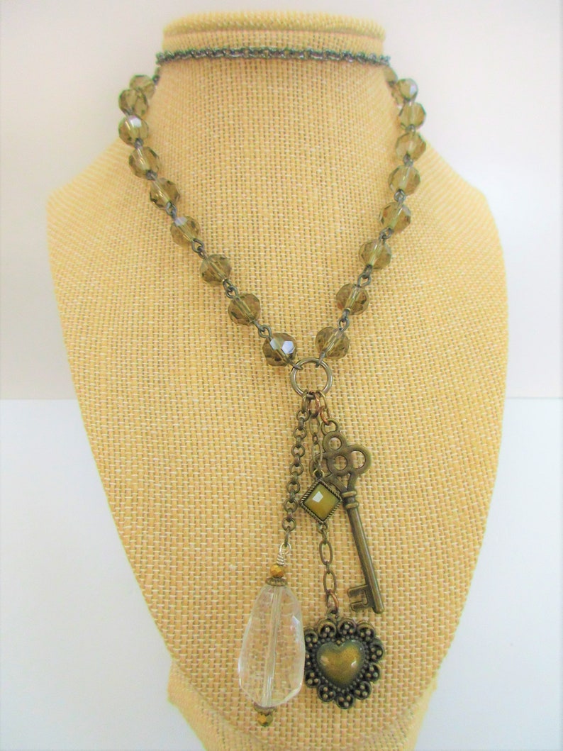 Chandelier Key Heart Olive Crystal Necklaces,Vintage,Handmade,Found object Key Heart Crystal Charms,Repurposed Crystal Glass,Layer Pendants