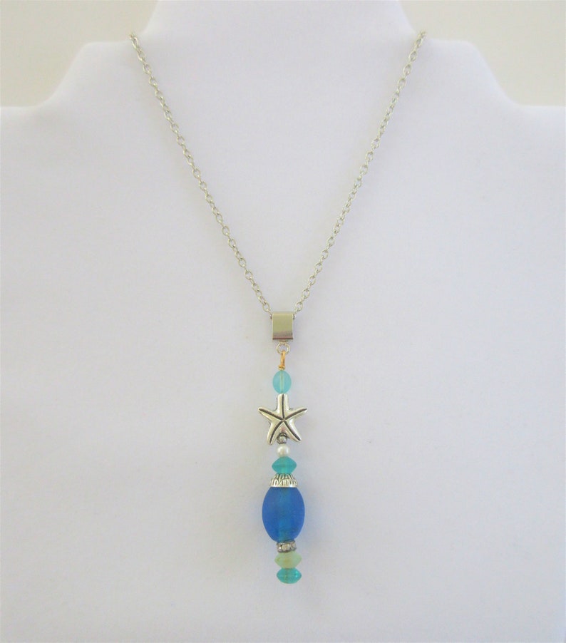Sea-glass Pendant wchain,Stack of sea-glass,pearl,925 silver starfish,gold wire,crystal bead,silver bail-Blue bead,w18 goldtone chain